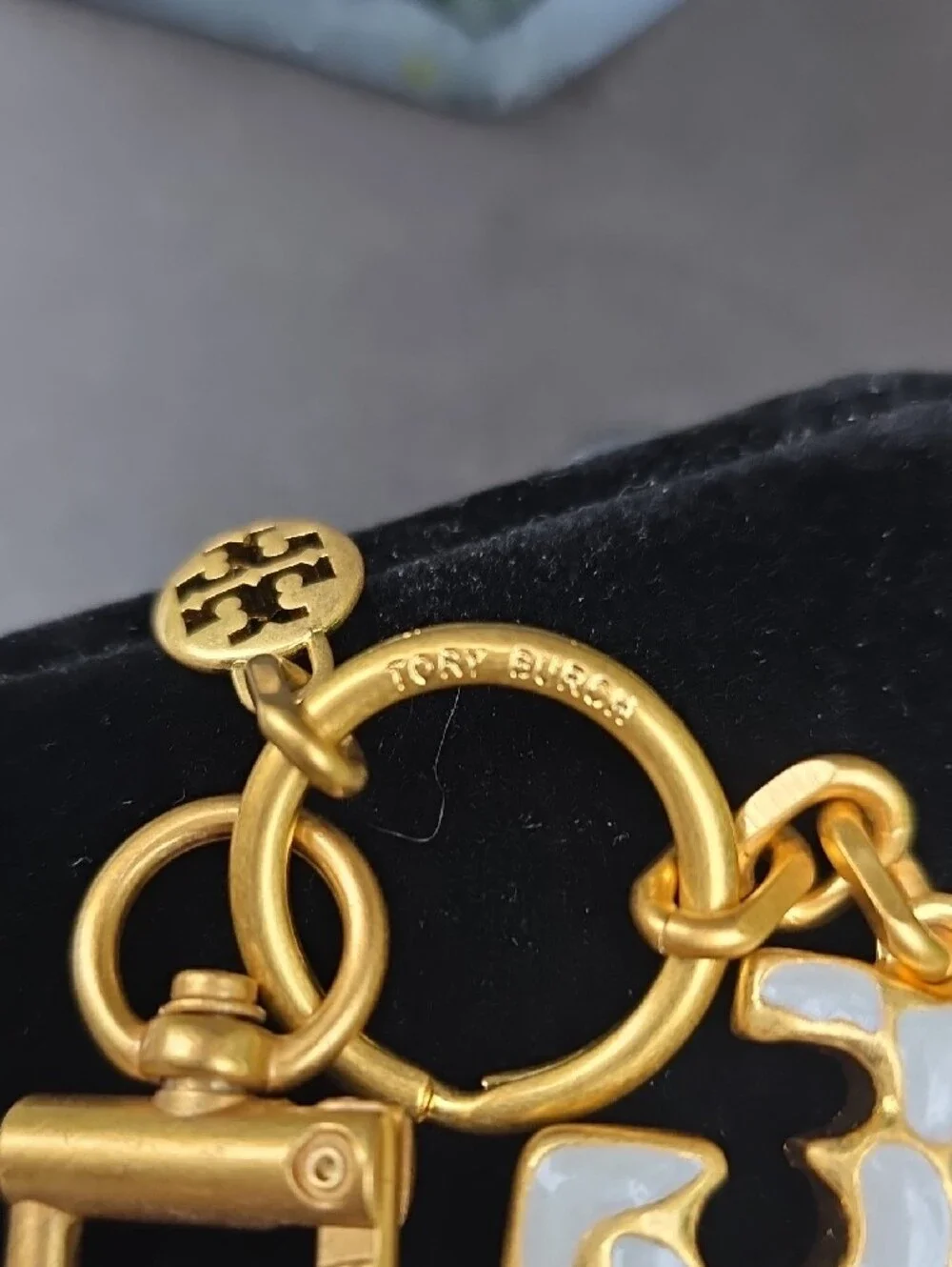 Tory Burch Gold and White Double-T Enamel Keyring